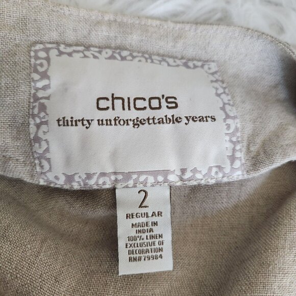 Chicos Jacket Women's 2 L 12 Embellished 100% Linen 3/4 Sleeves Tan Boho Casual‎ - Picture 7 of 15